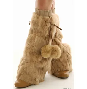 YR129 Fashion Wholesale Rabbit leg warmers Patchwork Fur Leg Warmer with fur balls for women