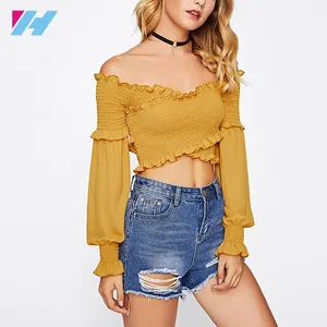 Diềm Xếp Nếp Cắt Chéo Shirred Cắt Thời Trang Phụ Nữ Crop Top Quần Áo Phụ Nữ Phụ Nữ