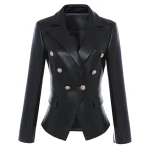 2023 New Arrivals Fashion Golden Buttons vegan leather Women Black jacket plus size women leather jacket