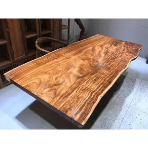 Natural edge wood slab with free table legs 6 people sitting wooden dining table