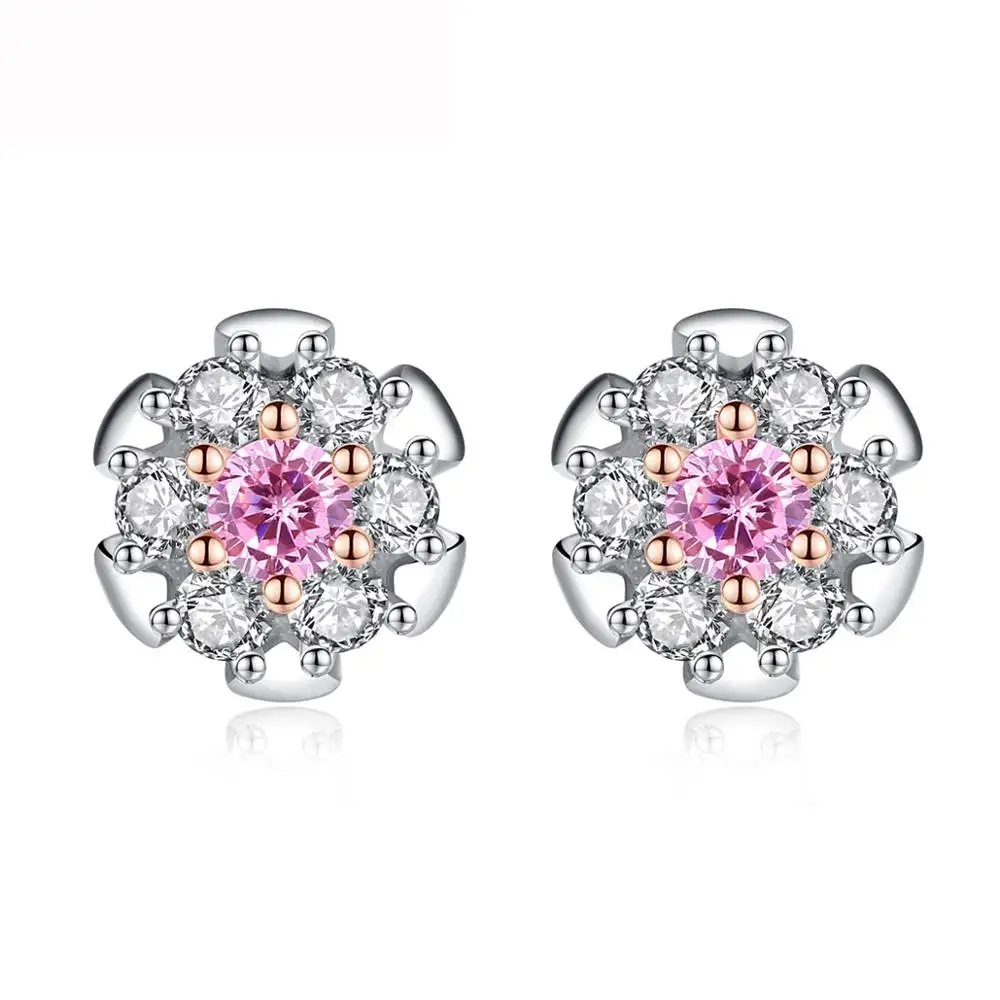 CZCITY Real 925 Sterling Silver Pink Zircon Flower Stud Earrings for Women Double Gold Plated Studs