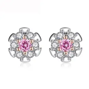 Czcity Echte 925 Sterling Zilver Roze Zirkoon Bloem Oorknopjes Voor Vrouwen Dubbele Vergulde Studs