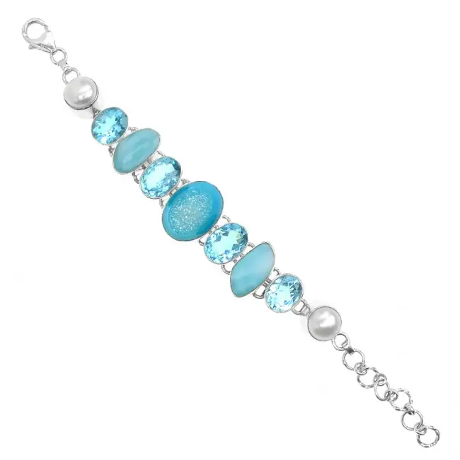 Blue Topaz Pearl Gemstone Bracelet 925 Sterling Silver Dominican Larimar Beads Jewelry Bracelet