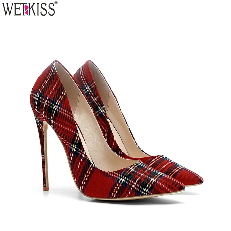 WETKISS-zapatos de tacón alto sin cordones para mujer, calzado de vestir de tela escocesa, puntiagudas, puntiagudas, elegantes, en Tallas grandes