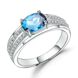 持久925纯银结婚戒指天然伦敦蓝色托帕石宝石订婚戒指女士