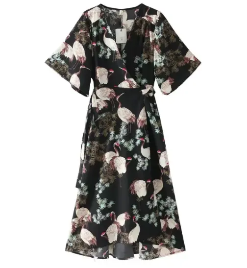 Nouvelle Arrivée Femmes Vêtements Satin Han-Style Vêtements À Manches Courtes Élégant Usine Fabricant Profonde Col V Imprimé Floral Robe