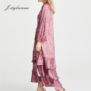Vestido <span class=keywords><strong>Boho</strong></span> de Seda con Estampado Floral, Cuello en V, Manga Farol, Cinturón, Elegante y Sexy para Mujer, YLDR062D - Product Image 5