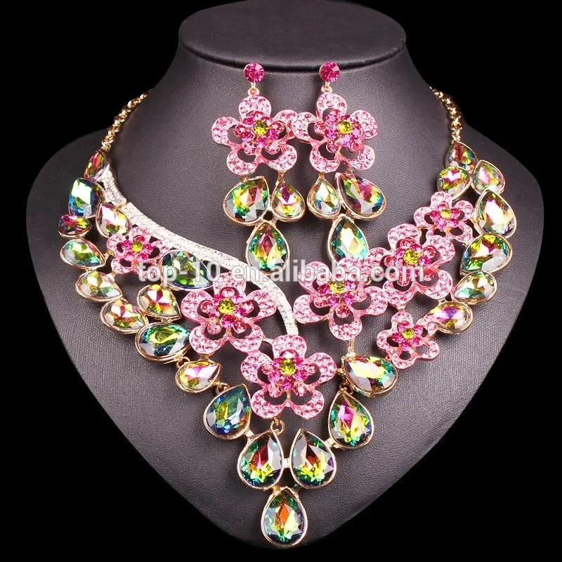 Gorgeous Rhinestone Crystal Fancy Flower Jewelry Set For Wedding Bridal Party Costume Necklace Stud Earring For Women Decoration