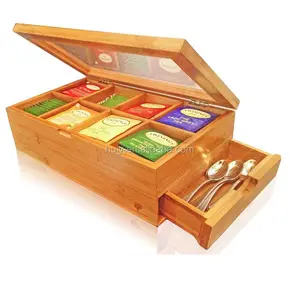 natural bamboo wood 8 sections tea box with clear glass lid
