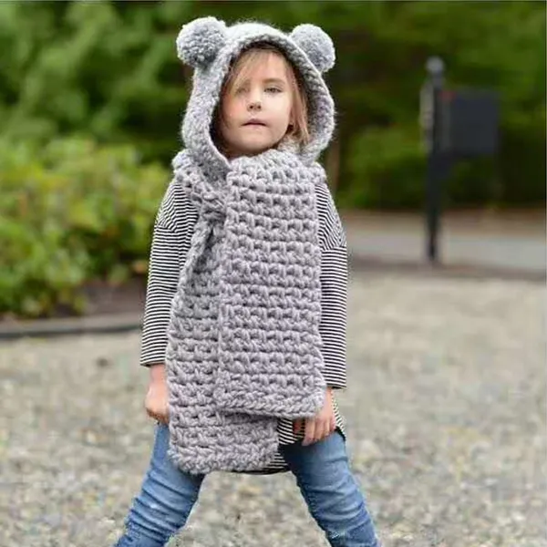 S3449 inverno moda 2018 padrões animais com capuz de tricô crochê cachecol com pompons