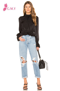Dobladillo inferior elástico elegante para damas de oficina y mangas Cierre de botón trasero desnudo <span class=keywords><strong>con</strong></span> camisa <span class=keywords><strong>con</strong></span> lazo de ojo de cerradura - Product Image 4