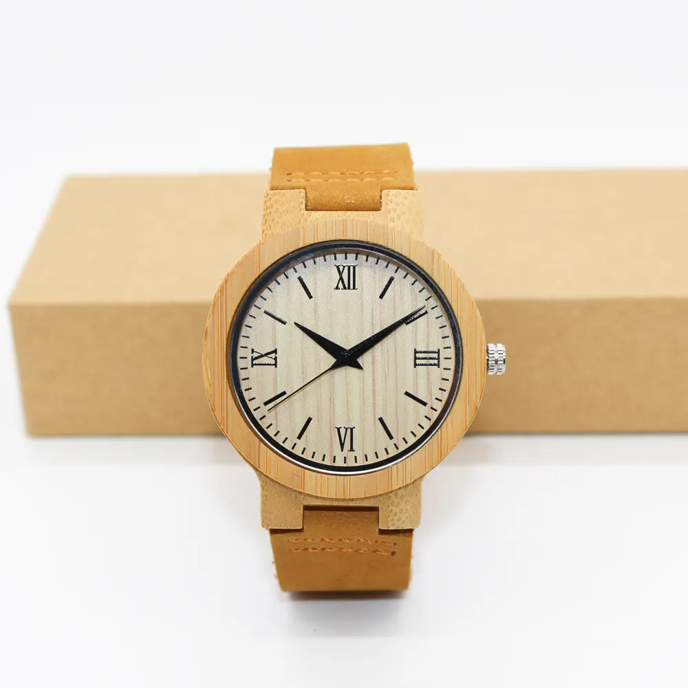 2020 Engraved bamboo custom wooden watch OEM waterproof men wood watch with leather strap
