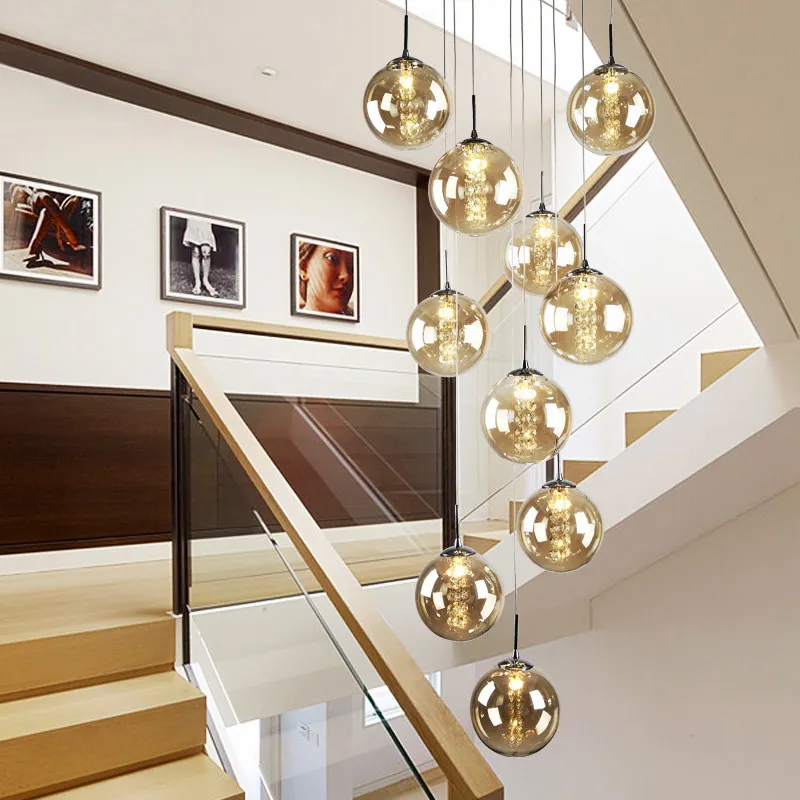 Lámpara colgante para escaleras de cristal de orb villa italiana, candelabro colgante de luz en espiral larga, cuentas de cristal modernas para escaleras