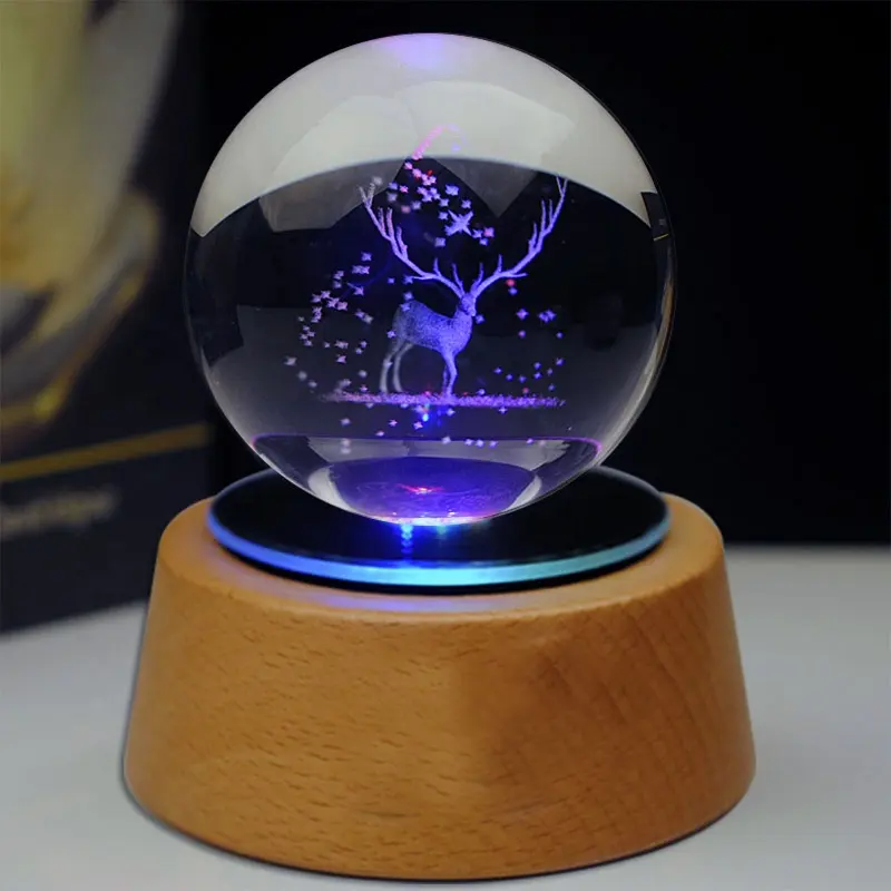 Bán Buôn Customized Pha Lê K9 Glass Ball 3d Nai Sừng Tấm/Năng Lượng Mặt Trời Hệ Thống Glass Ball 3D Thiên Hà Pha Lê Bóng Cho Quà Tặng Giáng Sinh