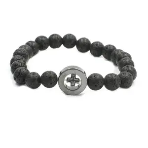 Croix Ronde Reiki Pierre Gemme Énergie Pierre Bracelet en Pierre de Lave Distance Personnaliser Bracelet