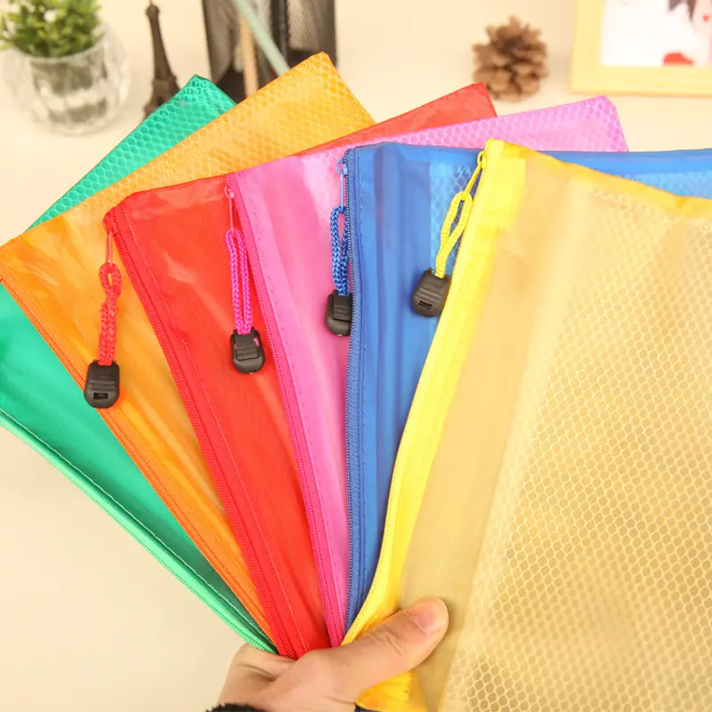 8サイズRandom Color Plastic Double Layer Paper Document File Bill Zipper Bag Pencil Pouch