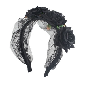 Serre-tête en tissu fleuri pour fête d'Halloween, couronne de roses, accessoires de cheveux pour costumes de cosplay d'Halloween, coiffe Jour des Morts - Product Image 6