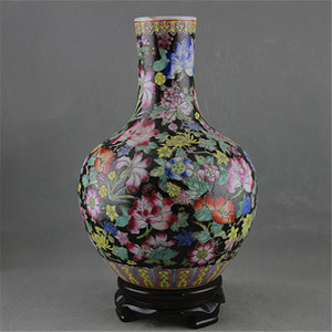 Cinese retrò fatti a mano pesante famille rose di porcellana di ceramica nero vasi per la vendita al dettaglio - Product Image 1