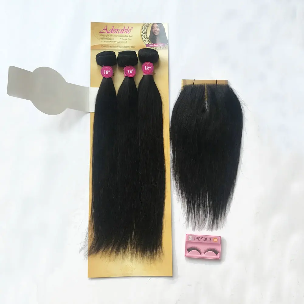 Cabelo humano remy de seda adorável 4 pçs/lote com fechamento livre, extensões de cabelo 100% remi 4*4 um pacote para uma cabeça completa