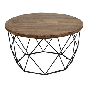 Antiguo cuero superior de madera de metal geométrica base de café redonda MESA DE - Product Image 1