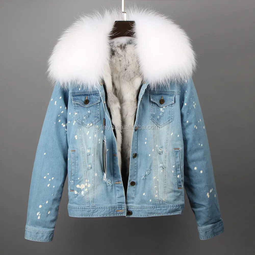 Benutzer definierte Frauen Jeans Jeans jacke Winter, neueste Pelz jacke Designs, Lady Kaninchen Fell gefüttert Jeans jacke