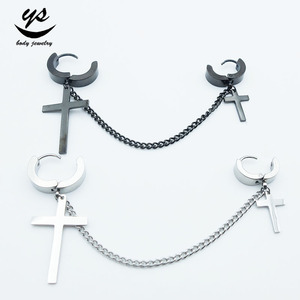 Boucles d'oreilles <span class=keywords><strong>Double</strong></span> Huggie en acier inoxydable à la mode avec croix en forme de numéro religieux Style chrétien cadeau de fiançailles de fête de mariage - Product Image 3