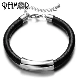 REAMOR 316l Stainless Steel Polishing Frosted Barrel Beads Genuine Leather Rope Bracelet For Mens Adjustable Chain Lobster Clasp