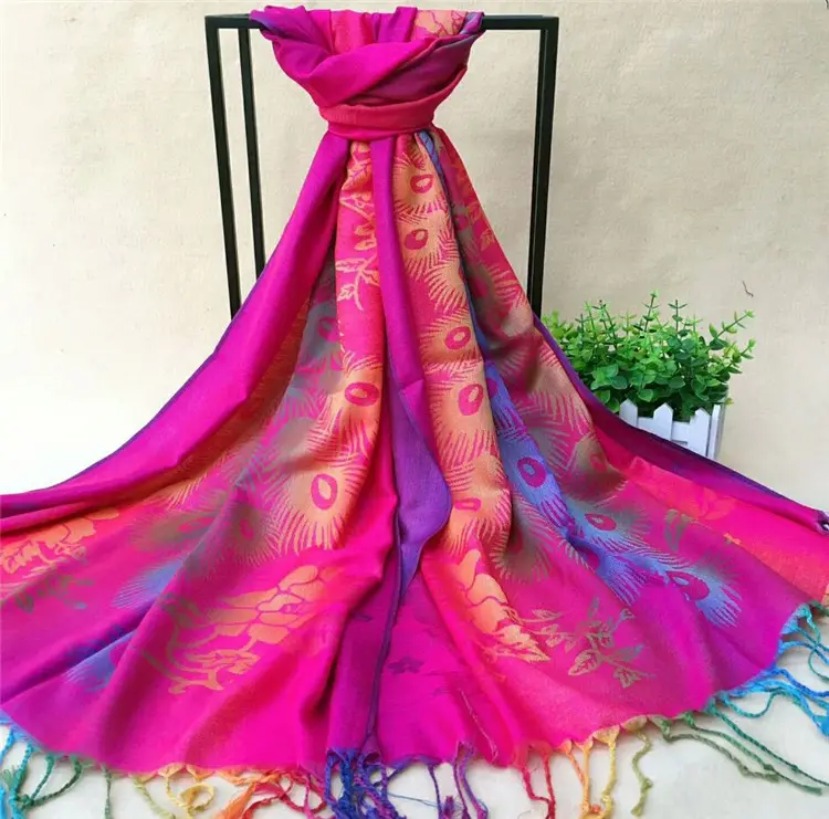 Women Hijab Rainbow Peafowl Peacock Feather Shawl Ethnic Floral Print Pashmina Summer Sunscreen Scarves