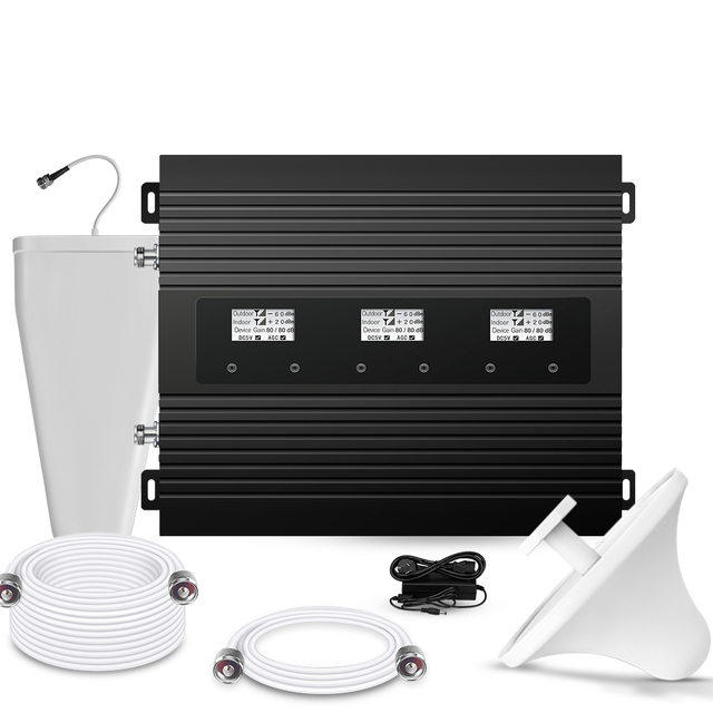 For GSM 900/1800/2100MHz 2G 3G 4G Cell Phone Signal Tri Band Repeater with 70dB Gain and 700m2 Coverage