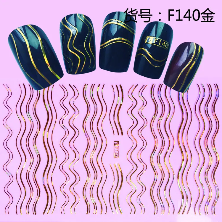 Adesivo de manicure para unhas F140-142 4 cores, ondulado, linha quebrada, decalques de arte em unhas, 3d, aplique em unhas