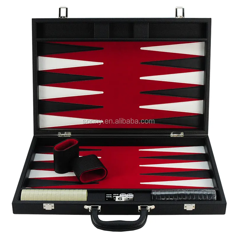 Set Permainan Backgammon Kulit Serat Karbon 18 Inci, dengan Pegangan