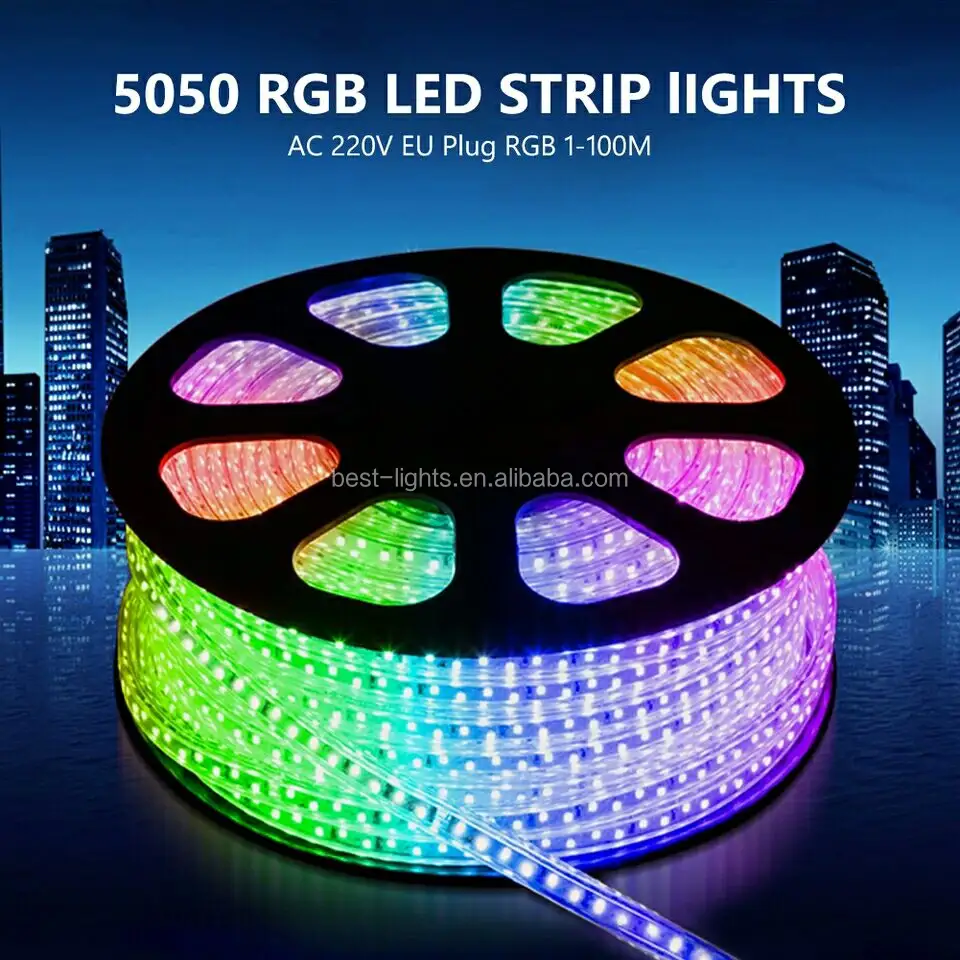 5050SMD กันน้ำกลางแจ้งนำแสงเชือกแบนแถบไฟ LED 110 AC IP67 V RGB เปลี่ยนสีได้หลายสี