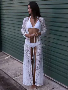 Cárdigan largo bohemio de encaje para mujer, Rebeca tipo Kimono de Color liso con manga larga y lazo en la cintura, abertura frontal para Bikini, ropa de playa