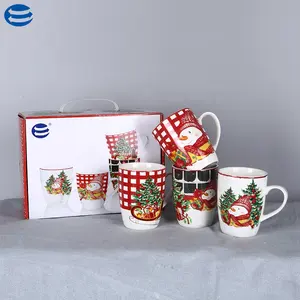 Горячая продажа цветная коробка упаковка 4 шт фарфоровые Снеговики кофейные кружки рождественские питьевые чашки набор