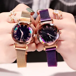 Jam Tangan Wanita, Arloji Mewah Wanita Mode Elegan Gesper Magnet Ungu Langit Berbintang 2019