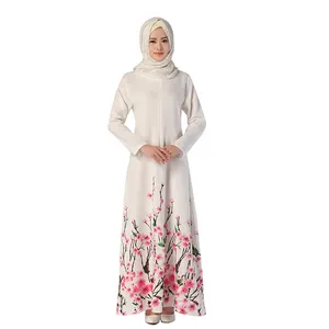 Decent muslim dress with Chinese style flower printing elegant white islamic clothing jubah abaya jilbab for hot sale