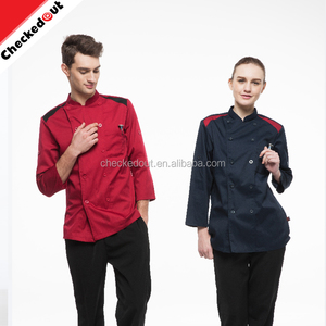 Encargo al por mayor cruzado negro rojo manga larga capa de la cocina chef profesional chaqueta - Product Image 2