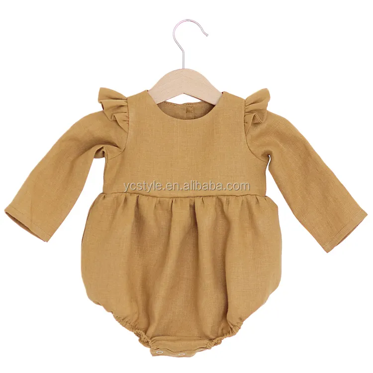 Hotsale Romper Bayi Lucu dengan Lengan Panjang Penuh Ruffle Gelembung Romper Setelan Musim Panas Bayi Perempuan Romper Menggunakan Linen Katun Kain Campuran