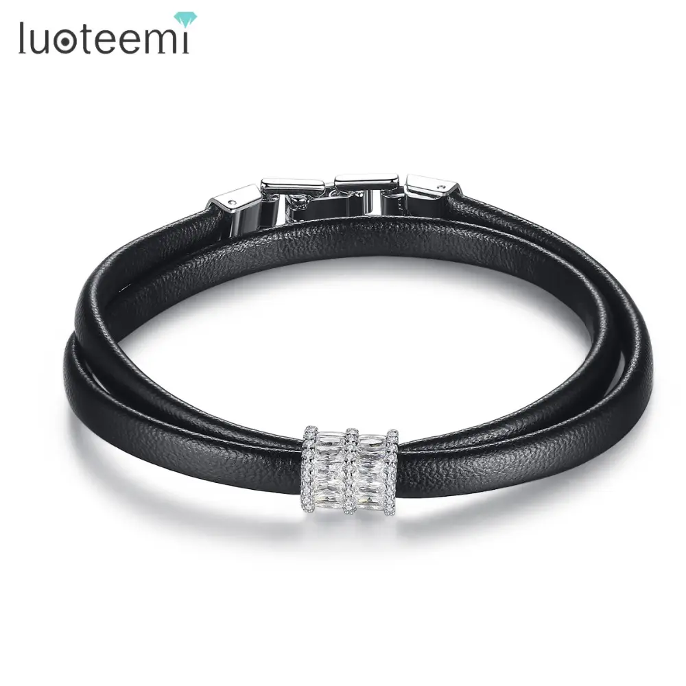 LUOTEEMI — Bracelet en cuir PU pour femmes et filles, bijoux de fête, couleur or et blanc, en Zircon, perles à breloques, noir