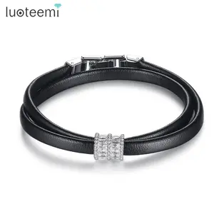 LUOTEEMI — Bracelet en cuir PU pour femmes et filles, bijoux de fête, couleur or et blanc, en Zircon, perles à breloques, noir