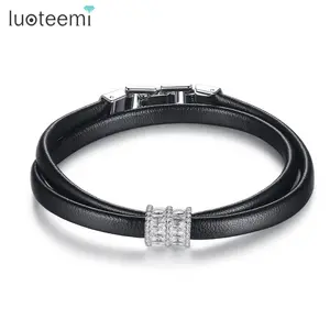 LUOTEEMI New Fashion White Gold Color Women Girls Party Jewelry Zircon Charm Beads Black PU Leather Bracelet