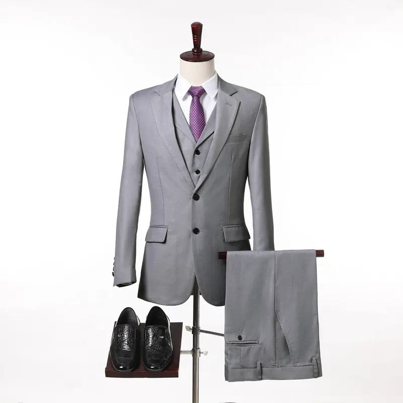 उच्च गुणवत्ता 3 टुकड़े ग्रे दो बटन शादी का सूट उपाय किए पार्टी व्यापार सूट आदमी जैकेट बनियान पैंट MMSB37