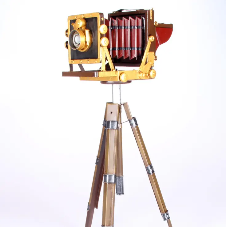 Vintage Wooden Camera on Tripod Isolated on White Background Stock Image - Image