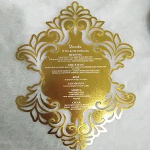 Dramatisch dekorative Luxus Gold benutzer definierte laser geschnittene Hochzeits menü karten und kunden spezifische laser geschnittene goldene Menü karten