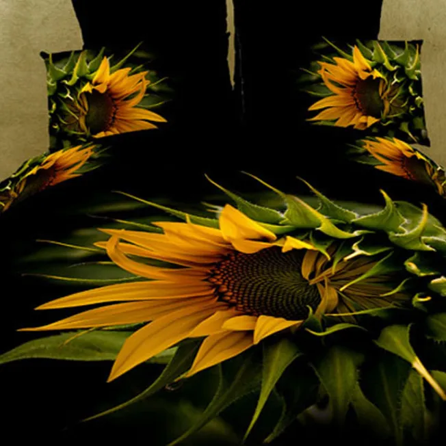 40 Long staple cotton yellow black sunflower digital printing bedsheet full size duvet quilt cover set of 4 pieces