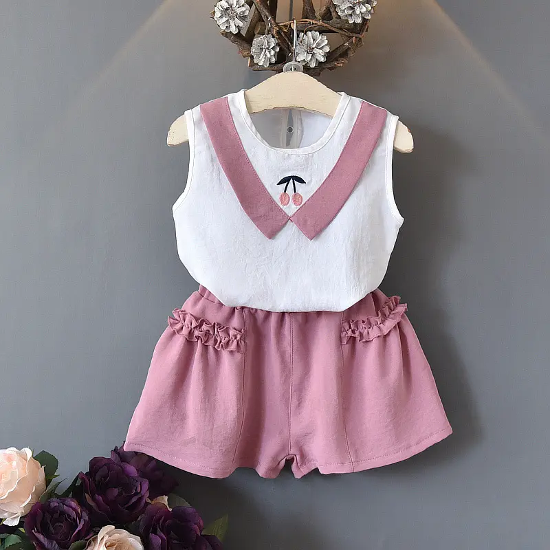 La ropa de LOS NIÑOS 2 unids/set Casual cereza bordado accesorios niños conjuntos de ropa para niños niñas