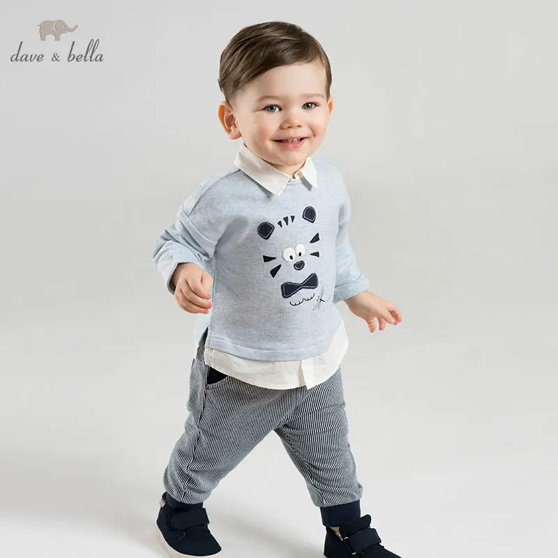 DBJ9900 Dave Bella Musim Semi Bayi Laki-laki Fashion Cetak Set Anak-anak Lengan Panjang Set Pakaian Anak 2 Pcs Suit