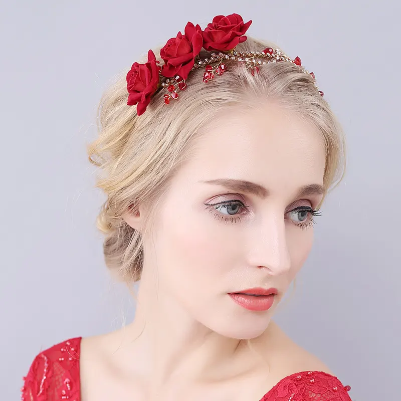 नाजुक लाल गुलाब गहने हेडबैंड शादी बाल सामान हस्तनिर्मित पुष्प दुल्हन टोप महिलाओं सिर