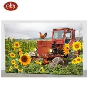 Red Barn with Sunflower and Rooster LED Lighted Canvas Painting for Home Decoration