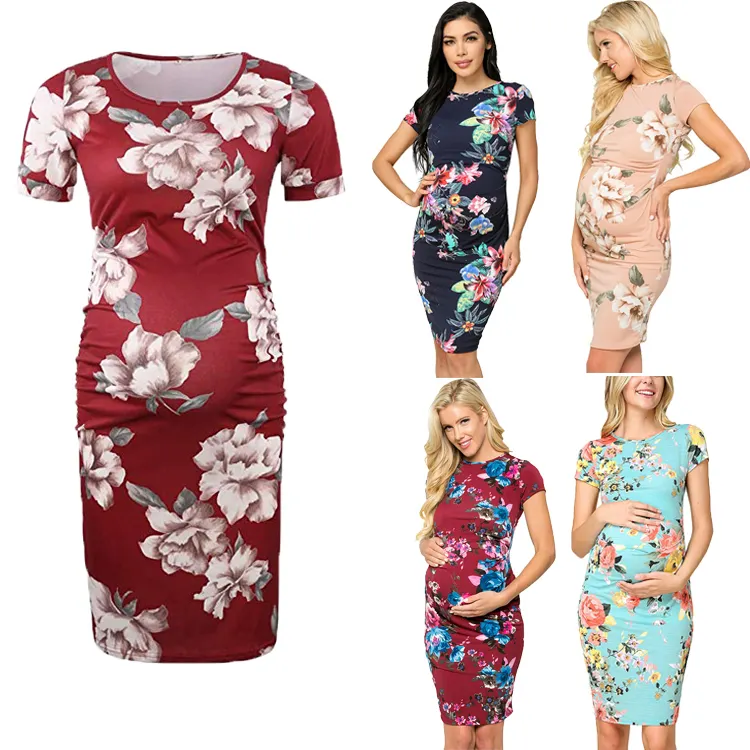 Wholesale Maternity Wear Pregnancy Clothes Floral Style Ruching Abdominal Scoop Neck Pregnant Women Dress